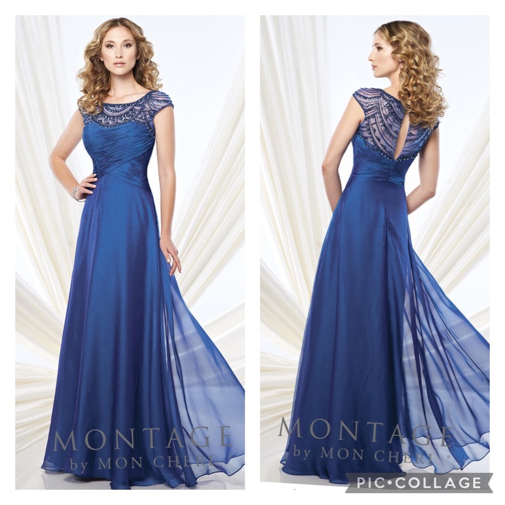 Montage by MonCheri SILVER illusion Neckline beaded fit and flare gown